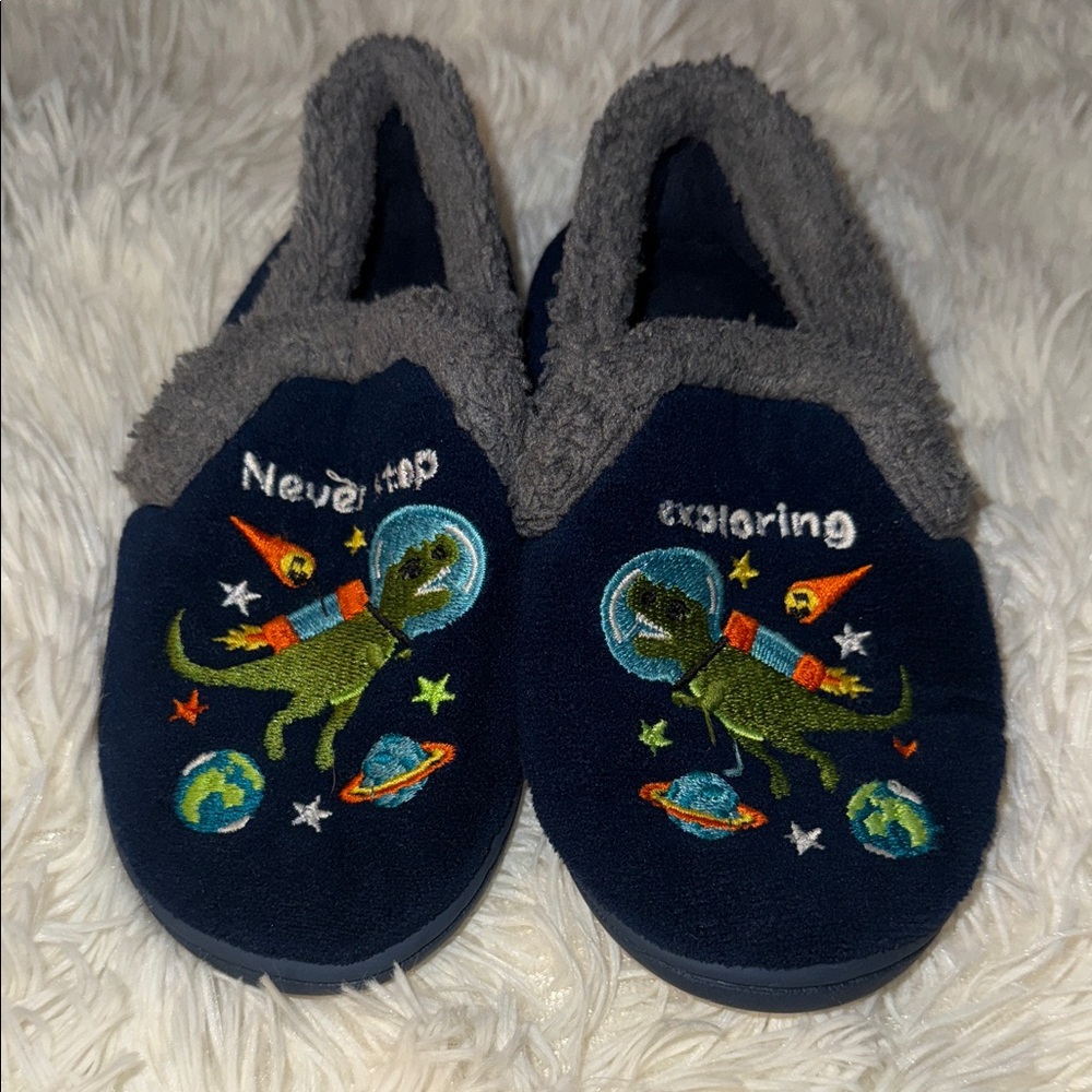 9-10 toddler never stop Kids Dinosaur Space Slippers grey/blue